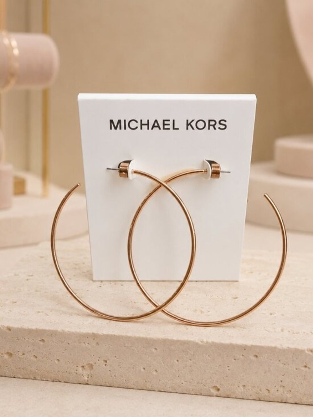 Michael Kors Rose Gold Tone Large Hoop Earrings Logo Stud Backs NWT